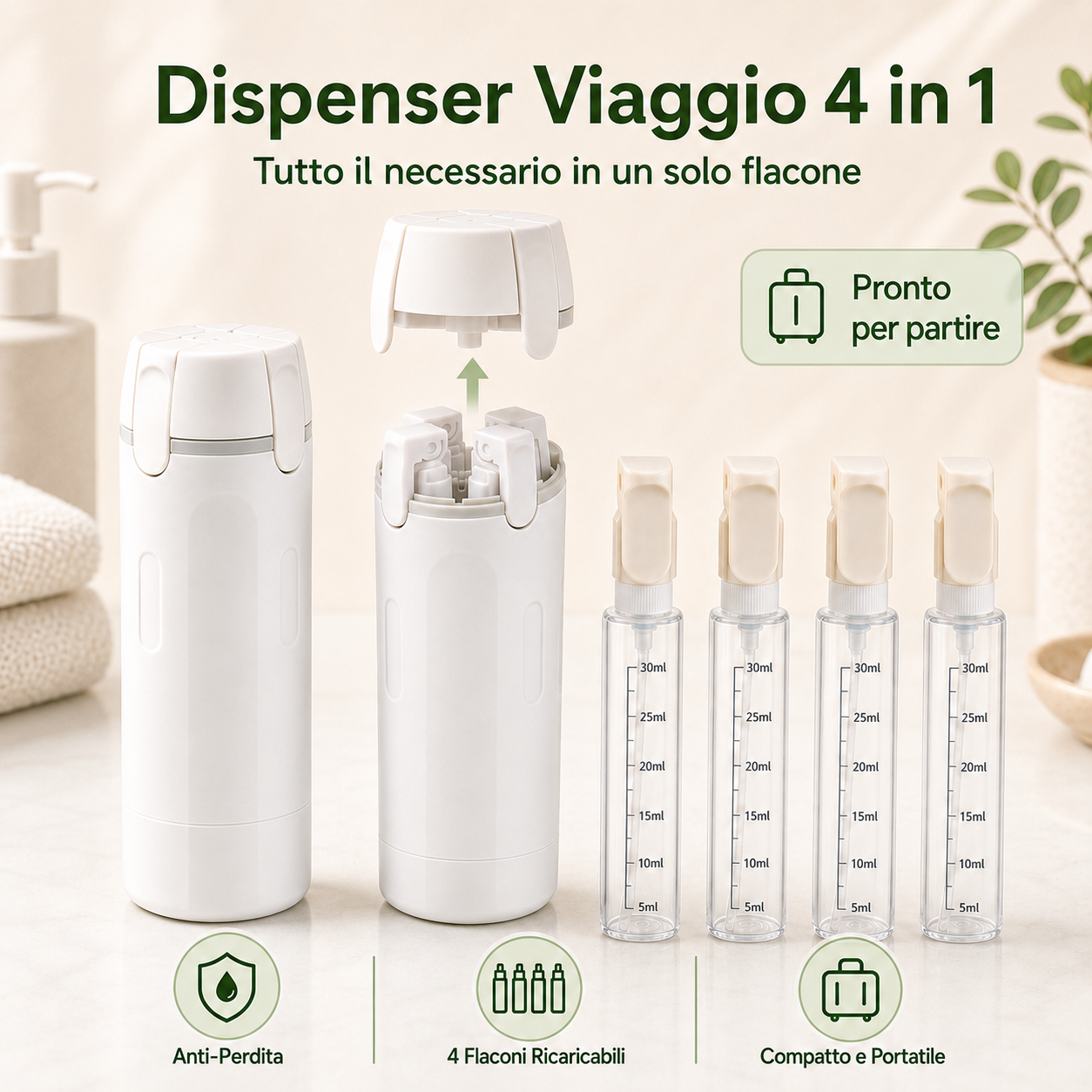 Dispenser da Viaggio 4 in 1 - Flaconi Portatili per Shampoo e Cosmetici