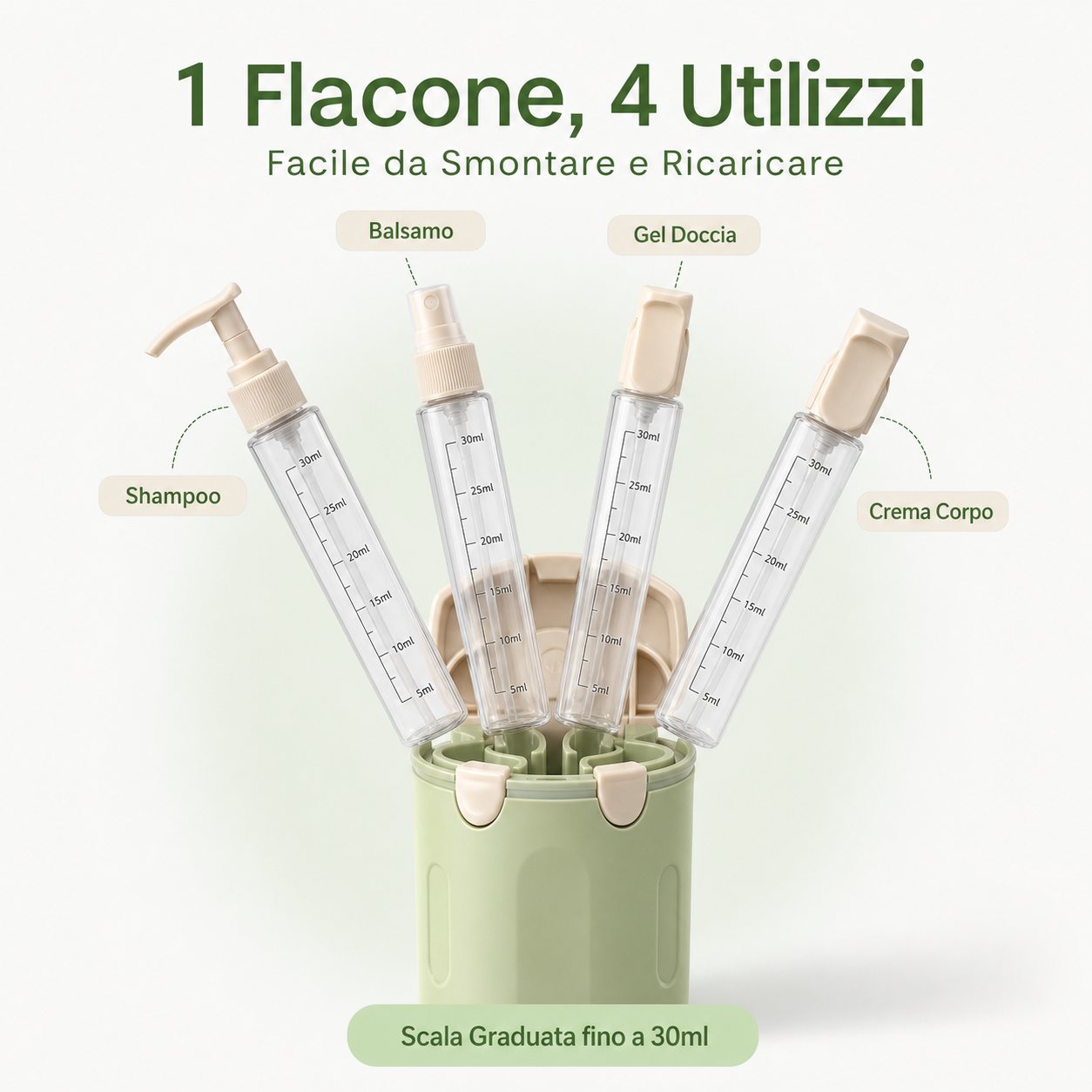 Dispenser da Viaggio 4 in 1 - Flaconi Portatili per Shampoo e Cosmetici