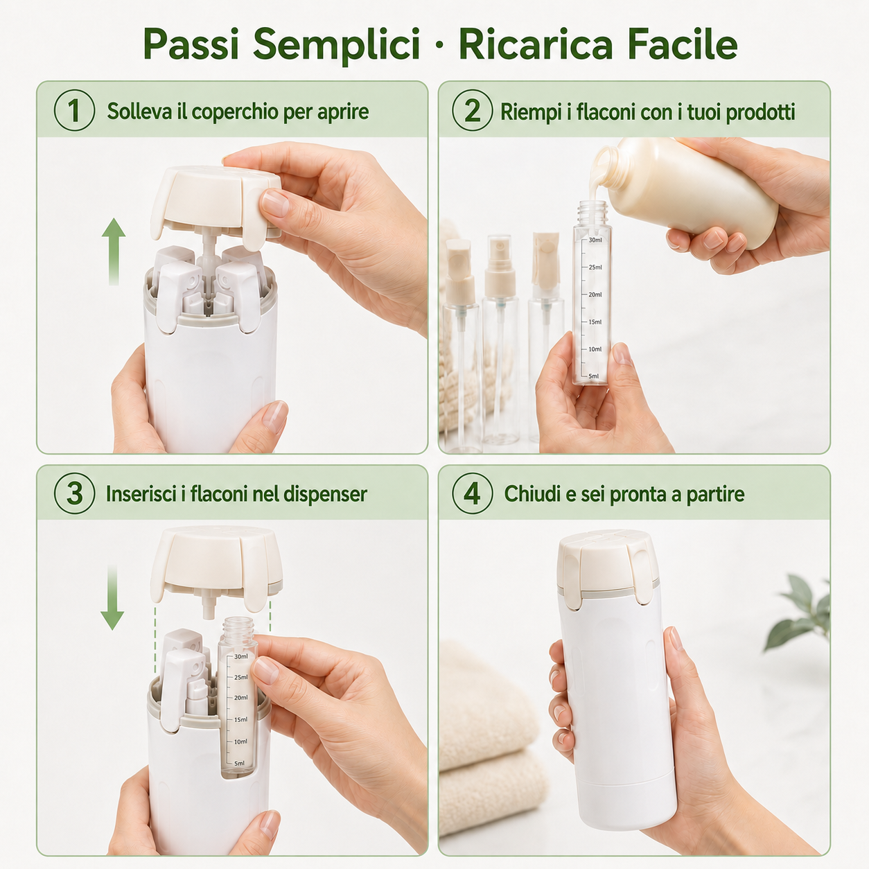 Dispenser da Viaggio 4 in 1 - Flaconi Portatili per Shampoo e Cosmetici