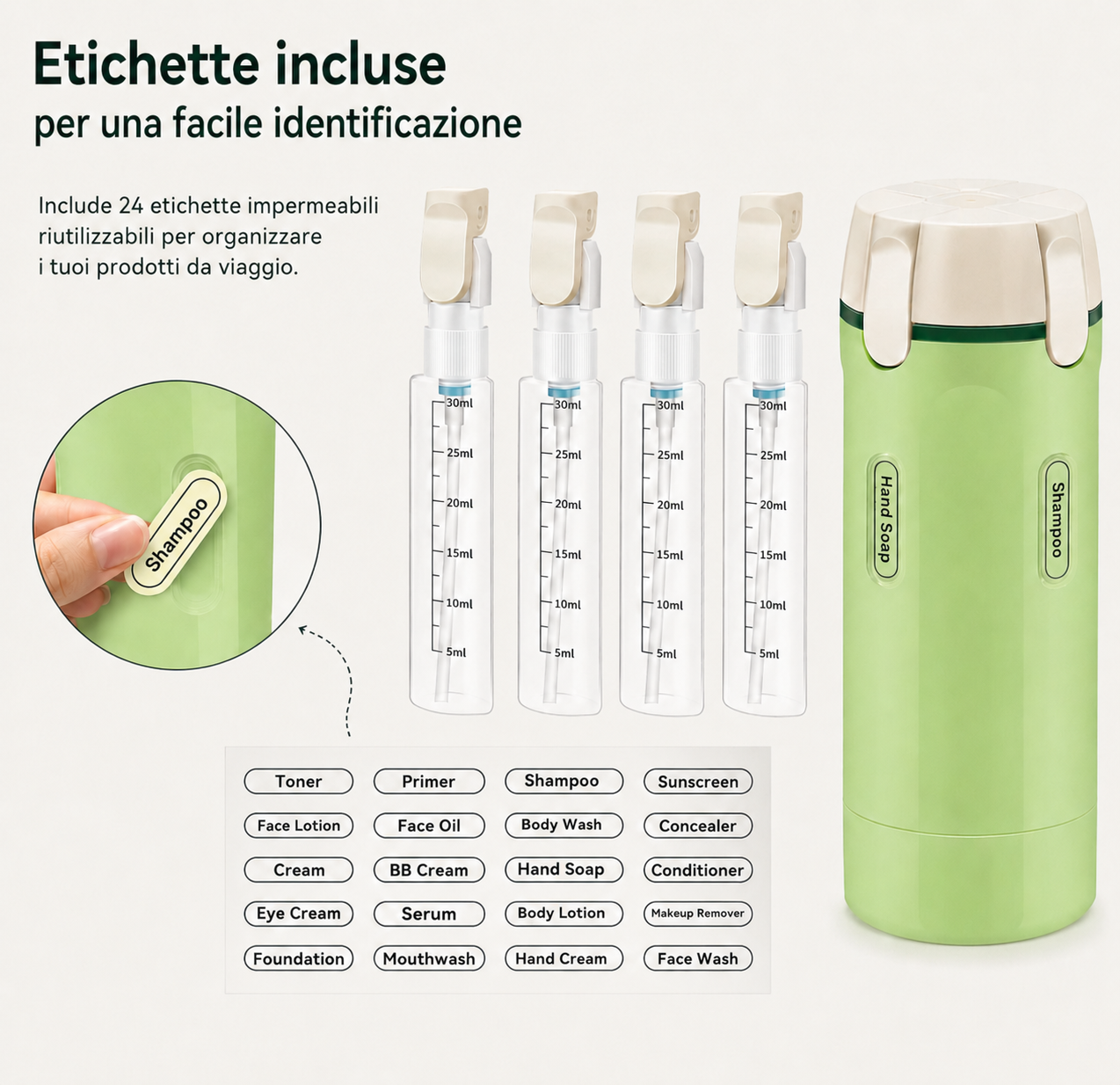Dispenser da Viaggio 4 in 1 - Flaconi Portatili per Shampoo e Cosmetici