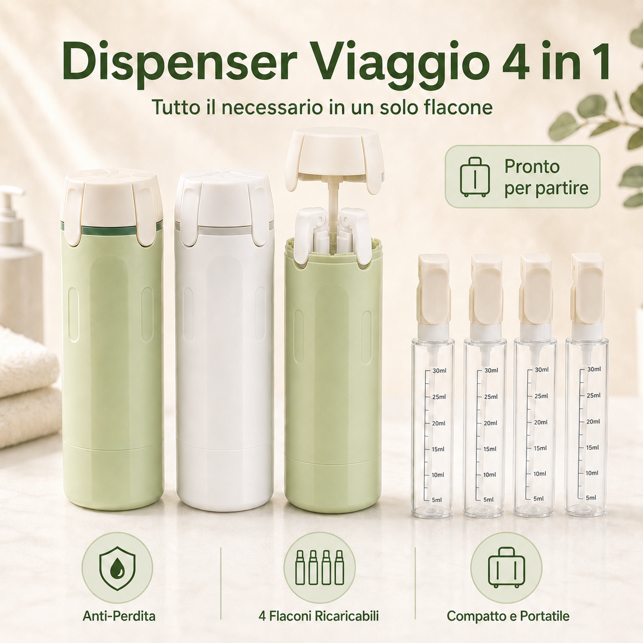 Dispenser da Viaggio 4 in 1 - Flaconi Portatili per Shampoo e Cosmetici