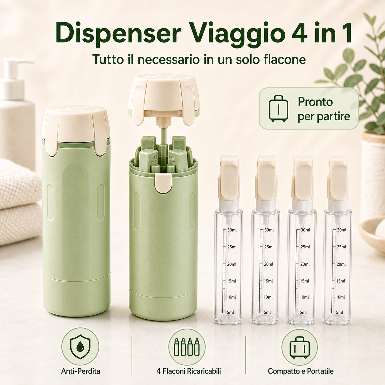 Dispenser da Viaggio 4 in 1 - Flaconi Portatili per Shampoo e Cosmetici